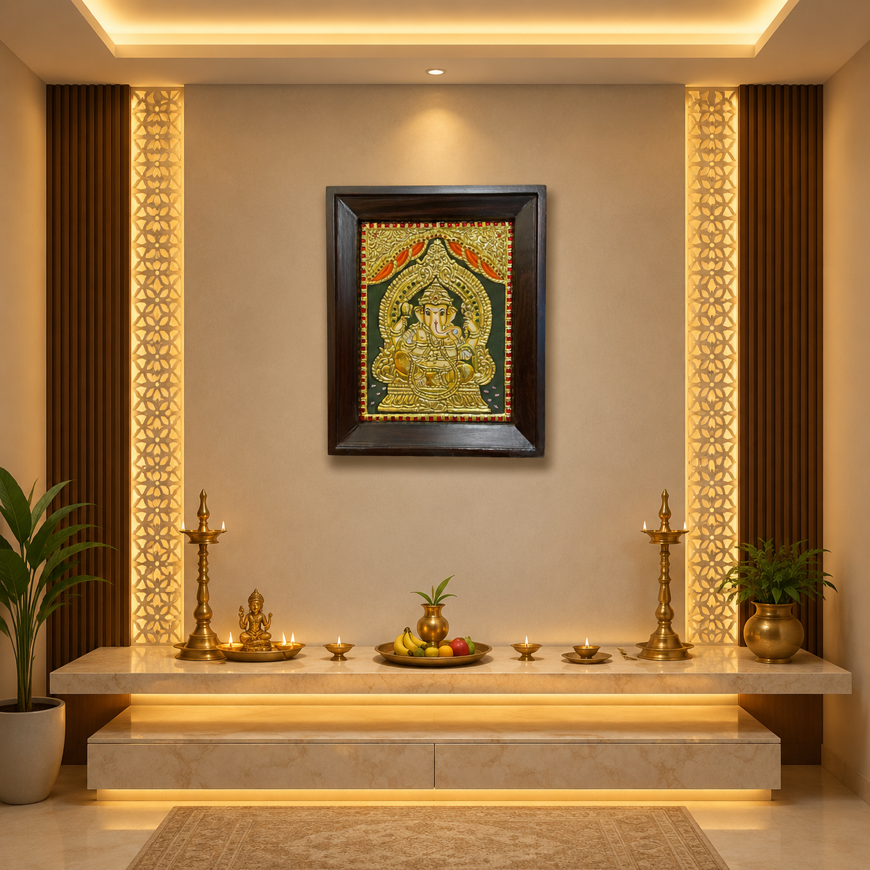 Lord Ganesha Tanjore Painting | Rosewood Frame | Luxury Pooja Room Wall Art