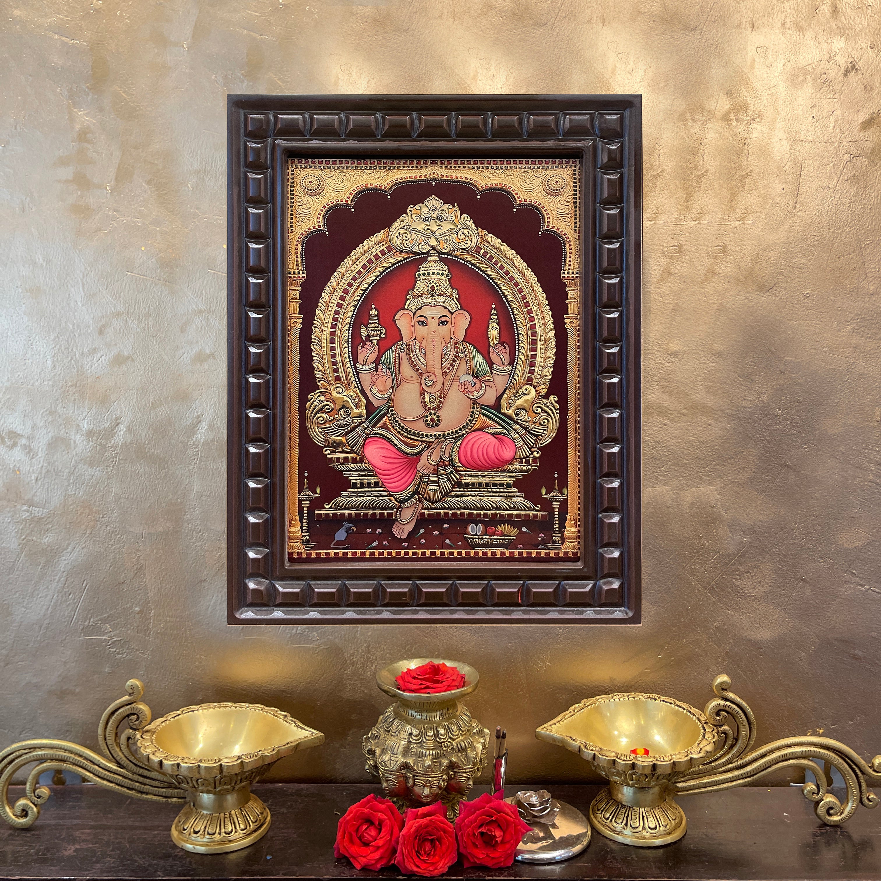 Shri Ganesha -6 Gold Leafed Artwork with Polished Engineered Wooden Frame