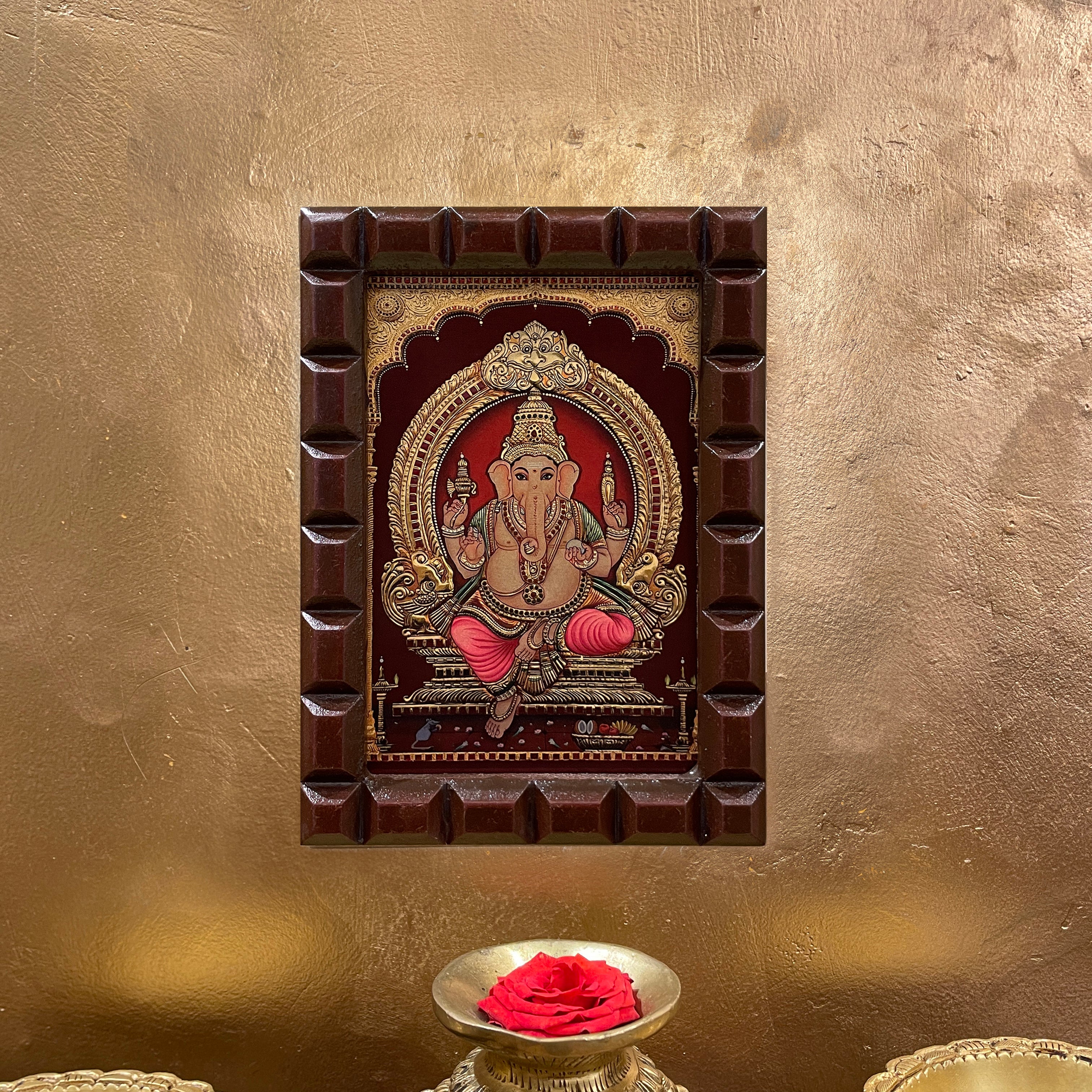 Shri Ganesha -6 Gold Leafed Artwork with Polished Engineered Wooden Frame