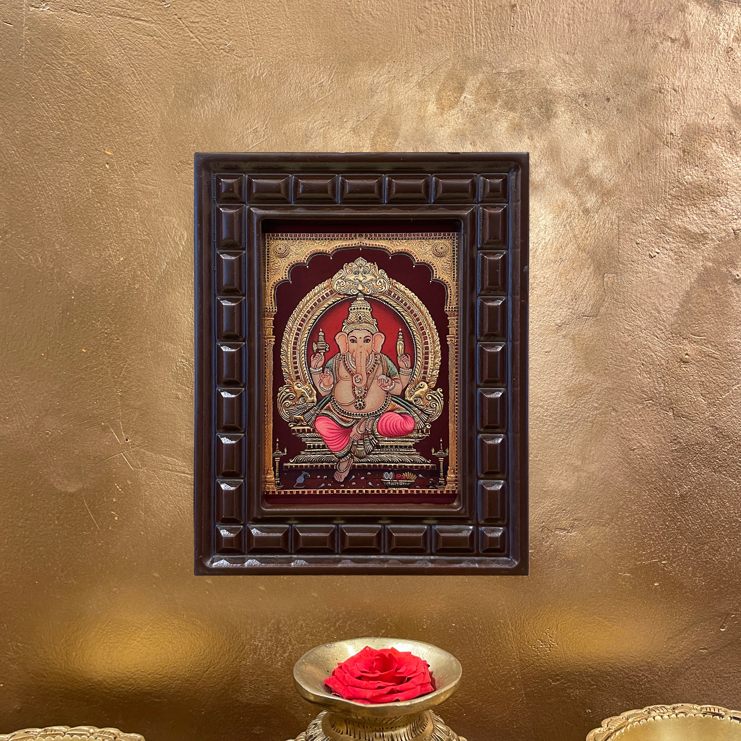 Shri Ganesha -6 Gold Leafed Artwork with Polished Engineered Wooden Frame