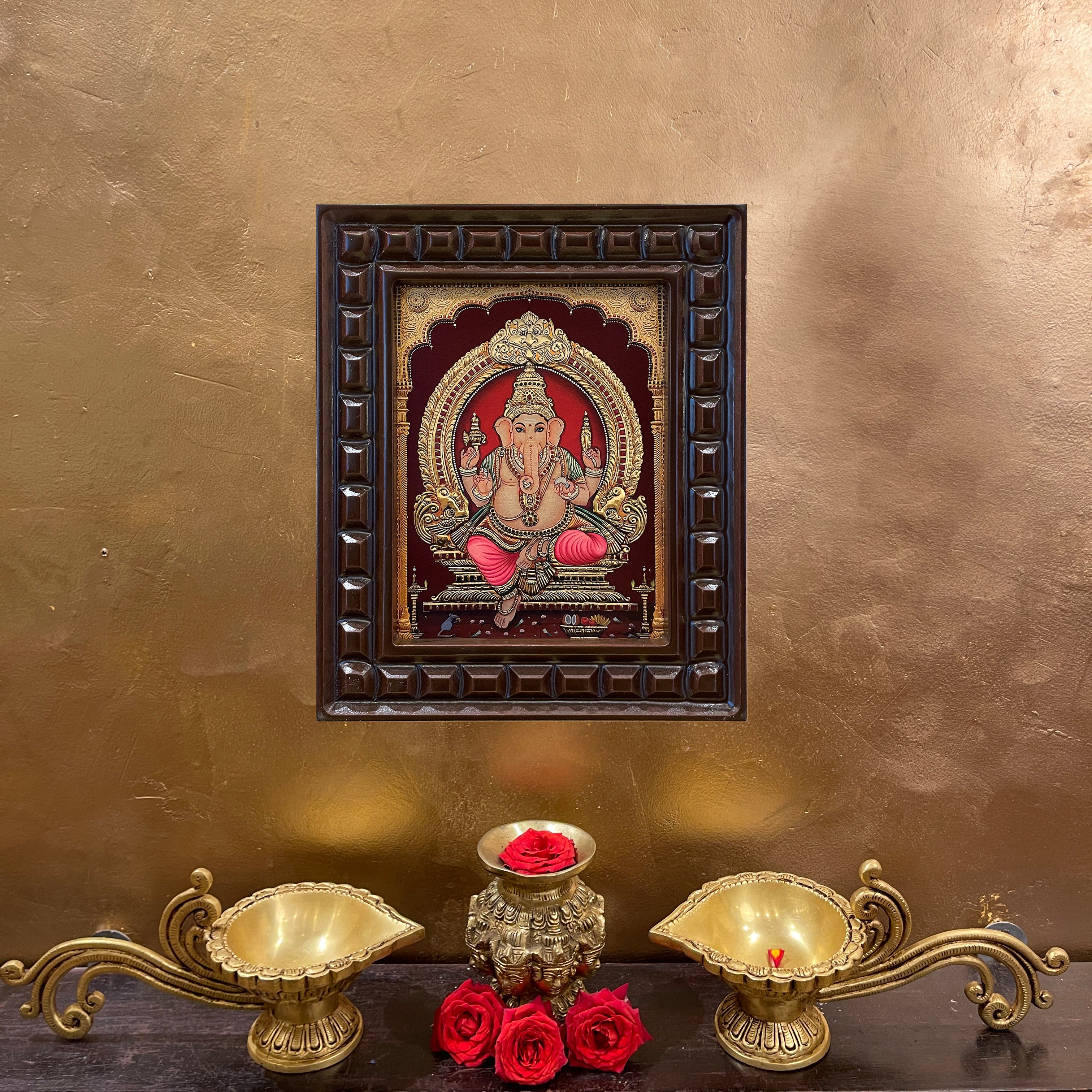 Shri Ganesha -6 Gold Leafed Artwork with Polished Engineered Wooden Frame