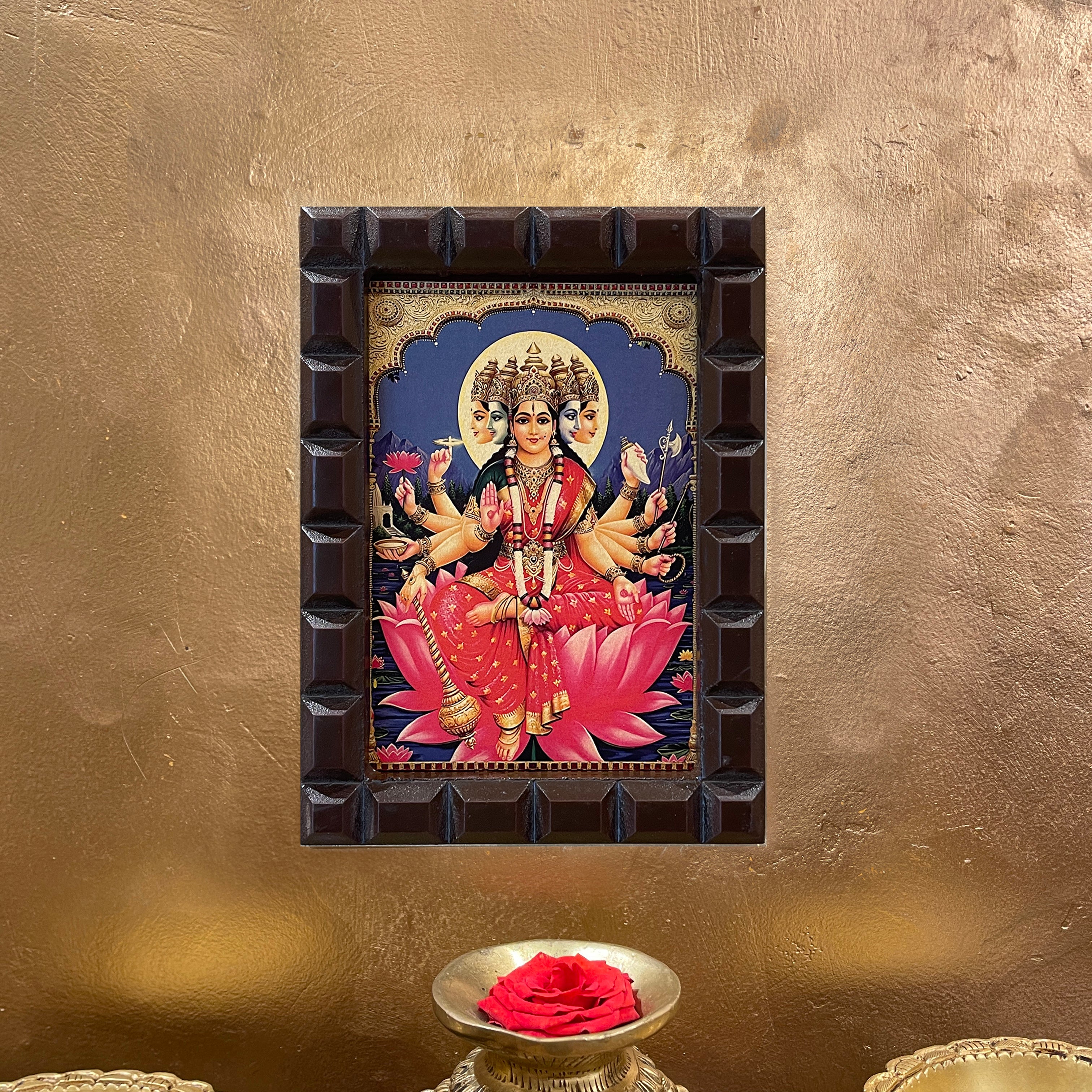 Gayatri Devi Framed Devotional Art | Hindu Goddess Wall Decor in Wooden Frame
