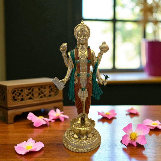 Lord Dhanvantri Healing Statue – Gold Finish with Green & Maroon Robes