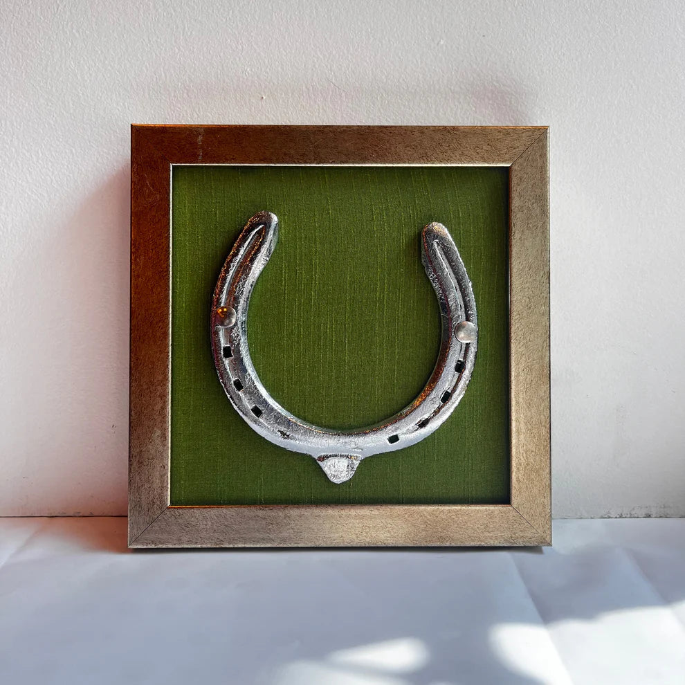 Good Luck Brass Horse Shoe with wine red silk background