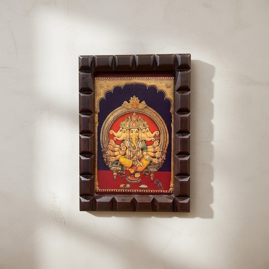 Panchamukhi Ganesha Framed Wall Art | Five-Faced Lord Ganesha with wooden frame
