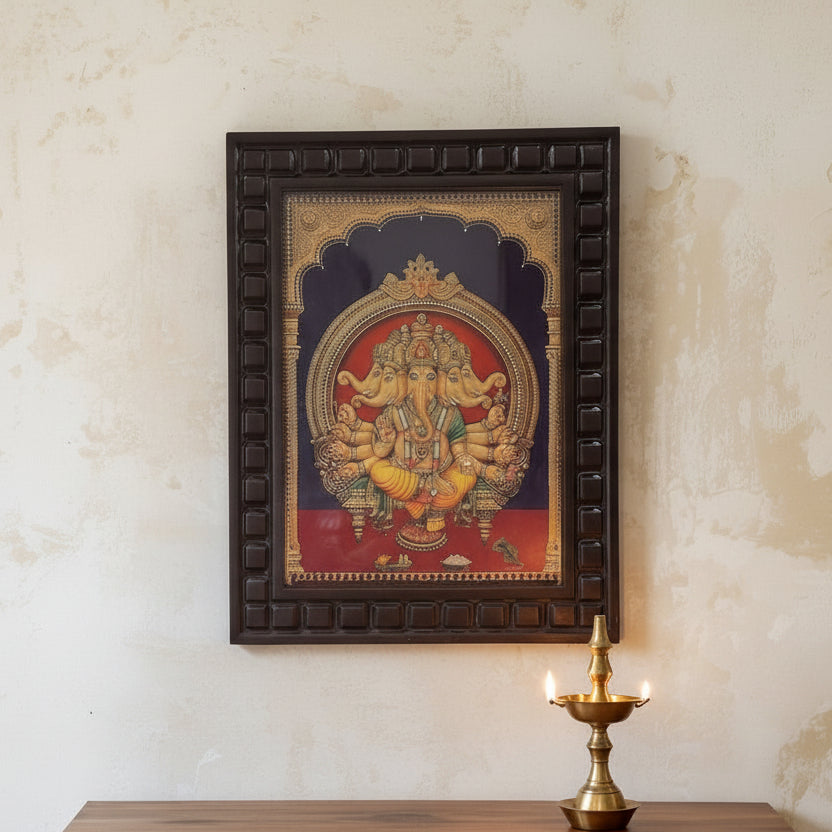 Panchamukhi Ganesha Framed Wall Art | Five-Faced Lord Ganesha with wooden frame