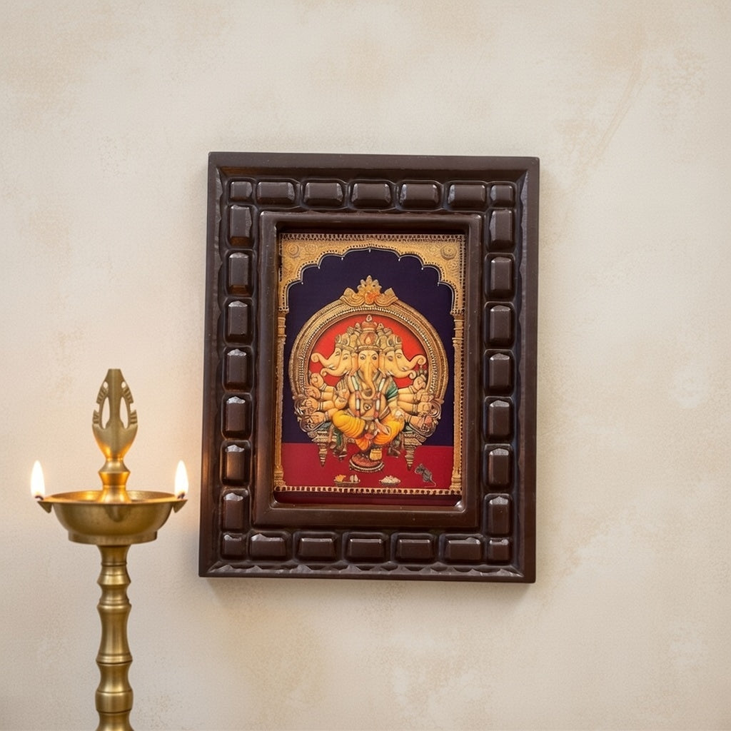 Panchamukhi Ganesha Framed Wall Art | Five-Faced Lord Ganesha with wooden frame