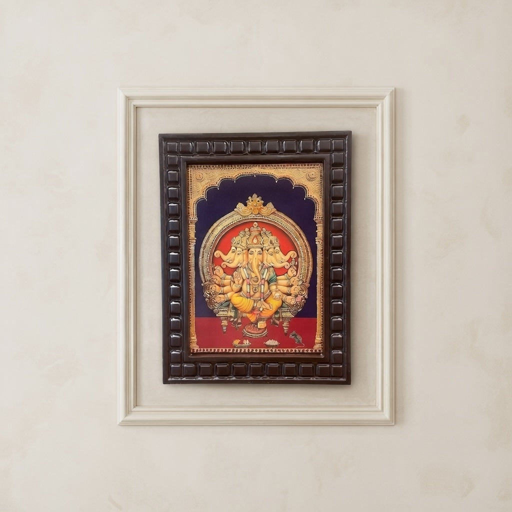 Panchamukhi Ganesha Framed Wall Art | Five-Faced Lord Ganesha with wooden frame
