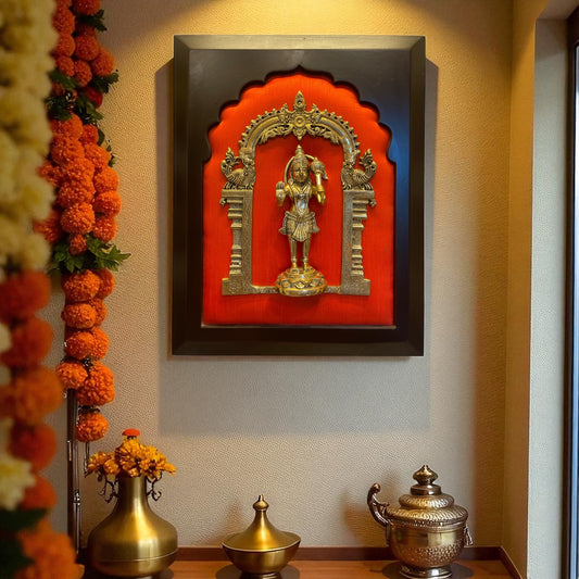 Brass Hanumaan blessing pose with  Red Silk and Wooden frame