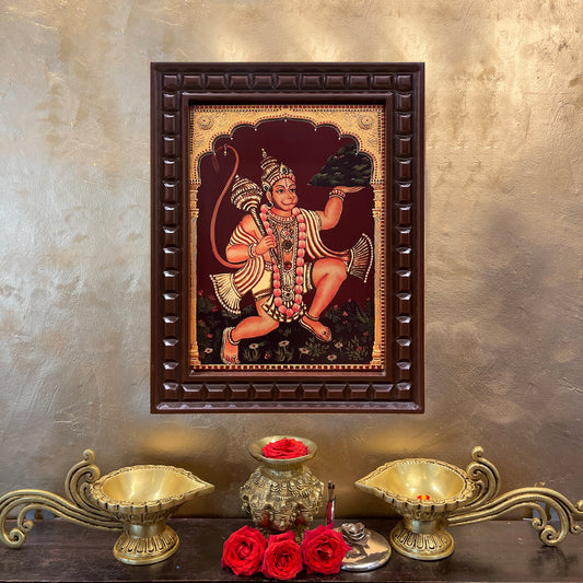 Gold Leafed Sanjeevani Hanuman in Wooden Frame