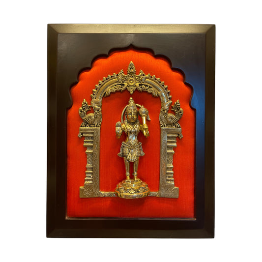 Brass Hanumaan blessing pose with  Red Silk and Wooden frame