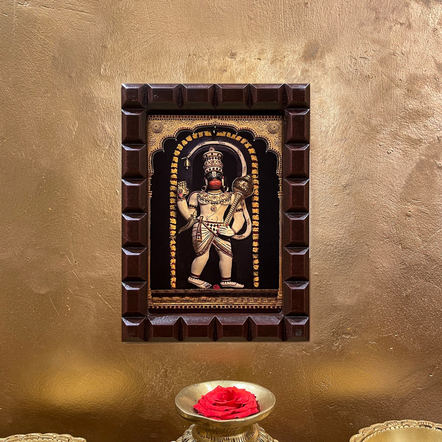 Gold Leafed Ashtamsa Hanuman in Wooden Frame