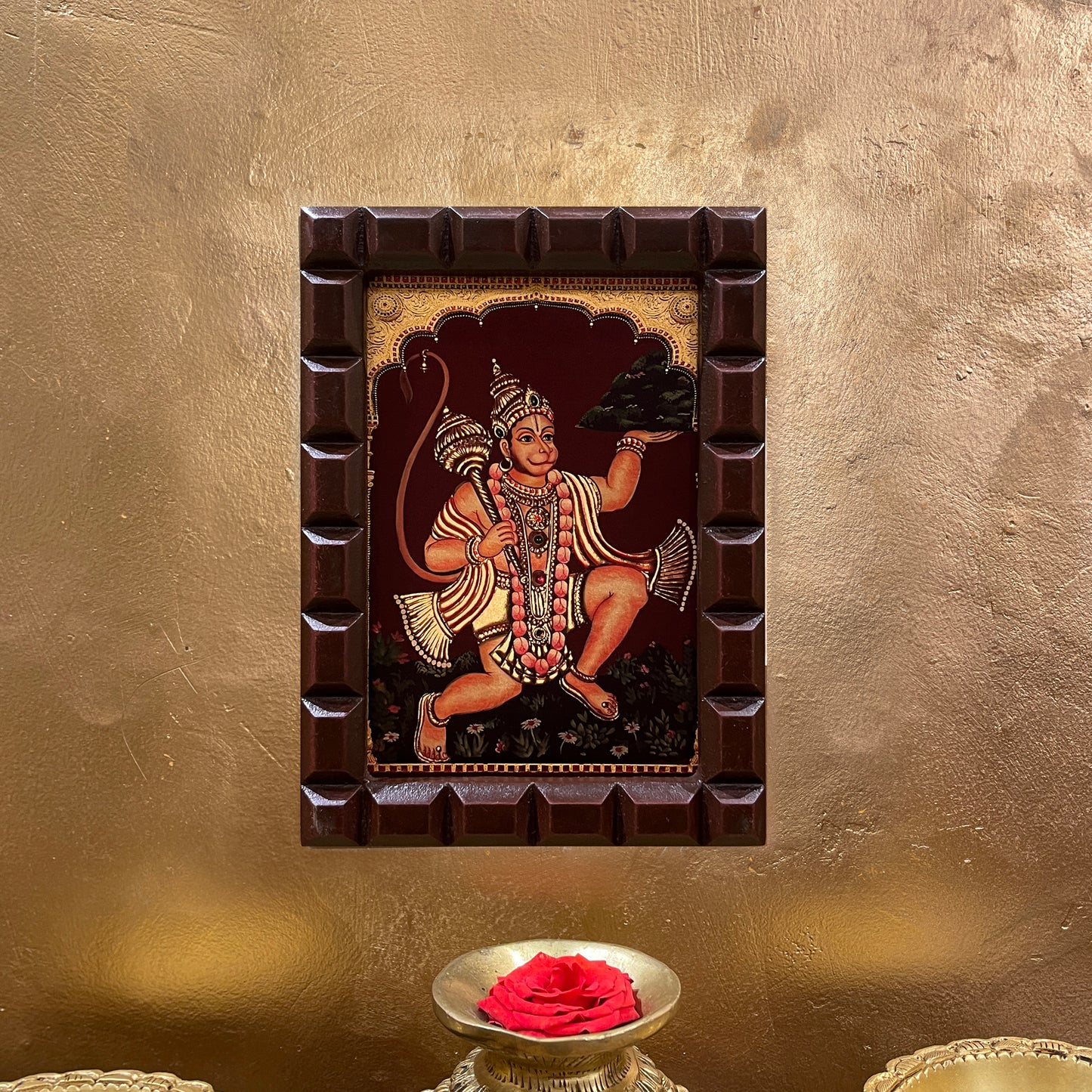 Gold Leafed Sanjeevani Hanuman in Wooden Frame