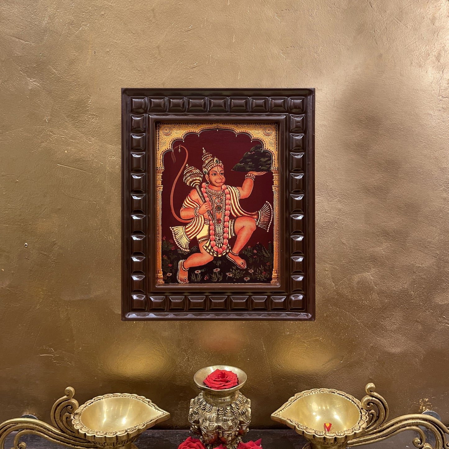 Gold Leafed Sanjeevani Hanuman in Wooden Frame