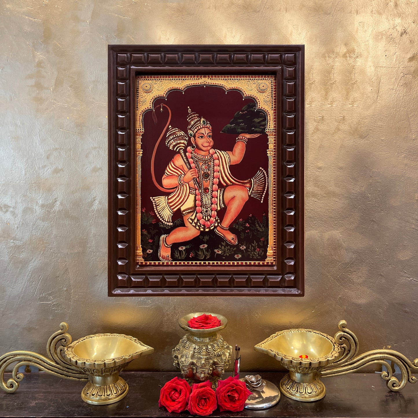 Gold Leafed Sanjeevani Hanuman in Wooden Frame