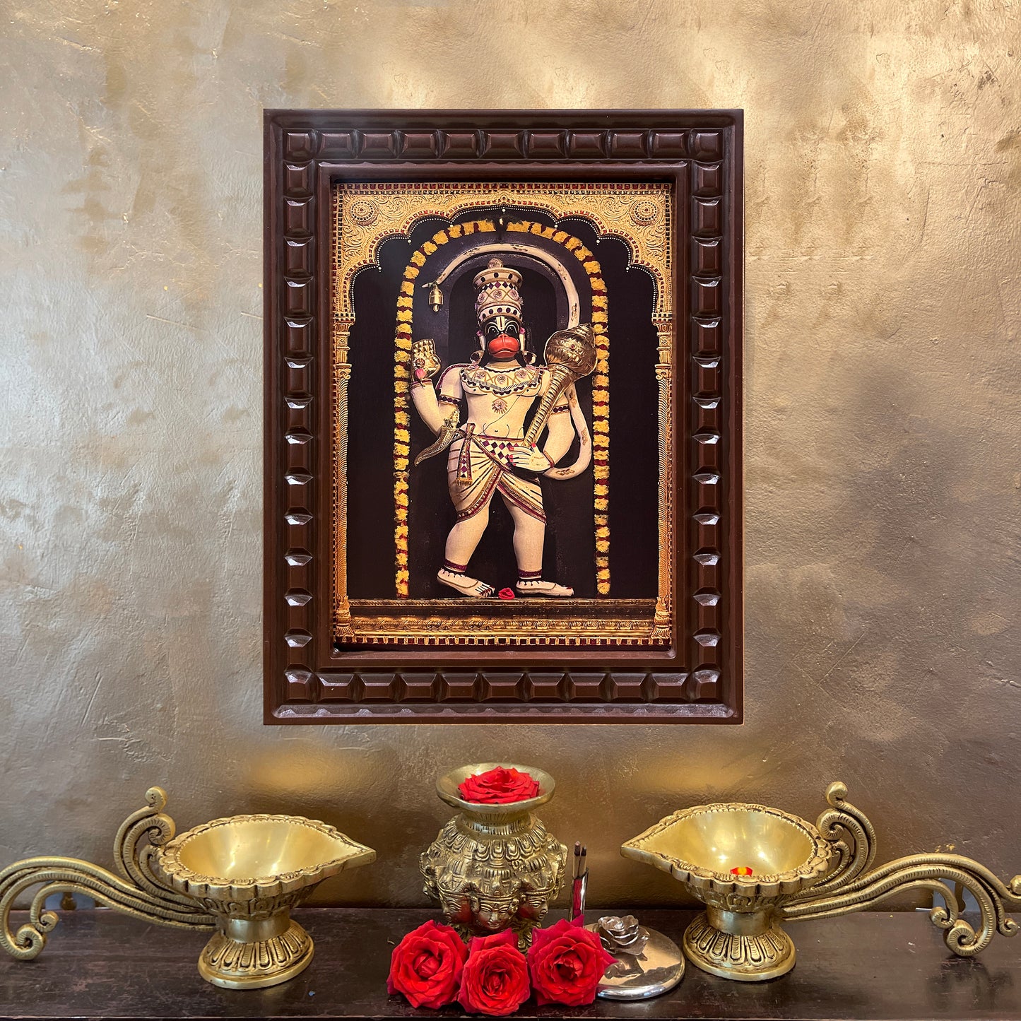 Gold Leafed Ashtamsa Hanuman in Wooden Frame