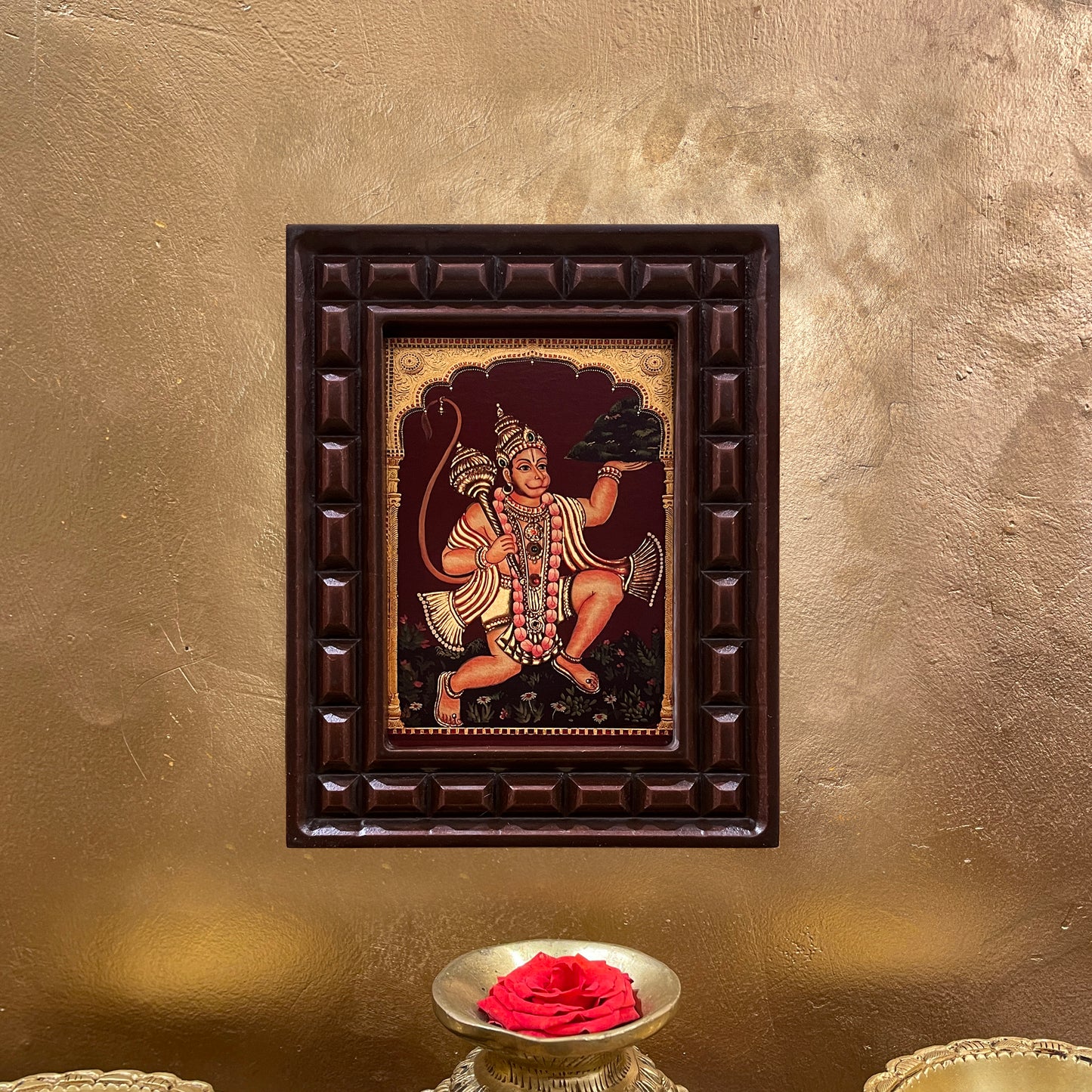 Gold Leafed Sanjeevani Hanuman in Wooden Frame