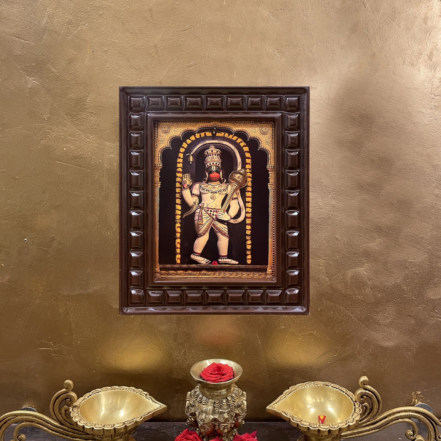 Gold Leafed Ashtamsa Hanuman in Wooden Frame