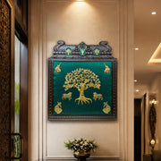 Brass Kalpavriksha Wall Art with Kamadhenu, Elephants, Shubh Labh & Vaishnava Symbols | Green Silk Backdrop | Engineered Wooden Frame | Luxury Vastu Wall Decor by ESTUDIO