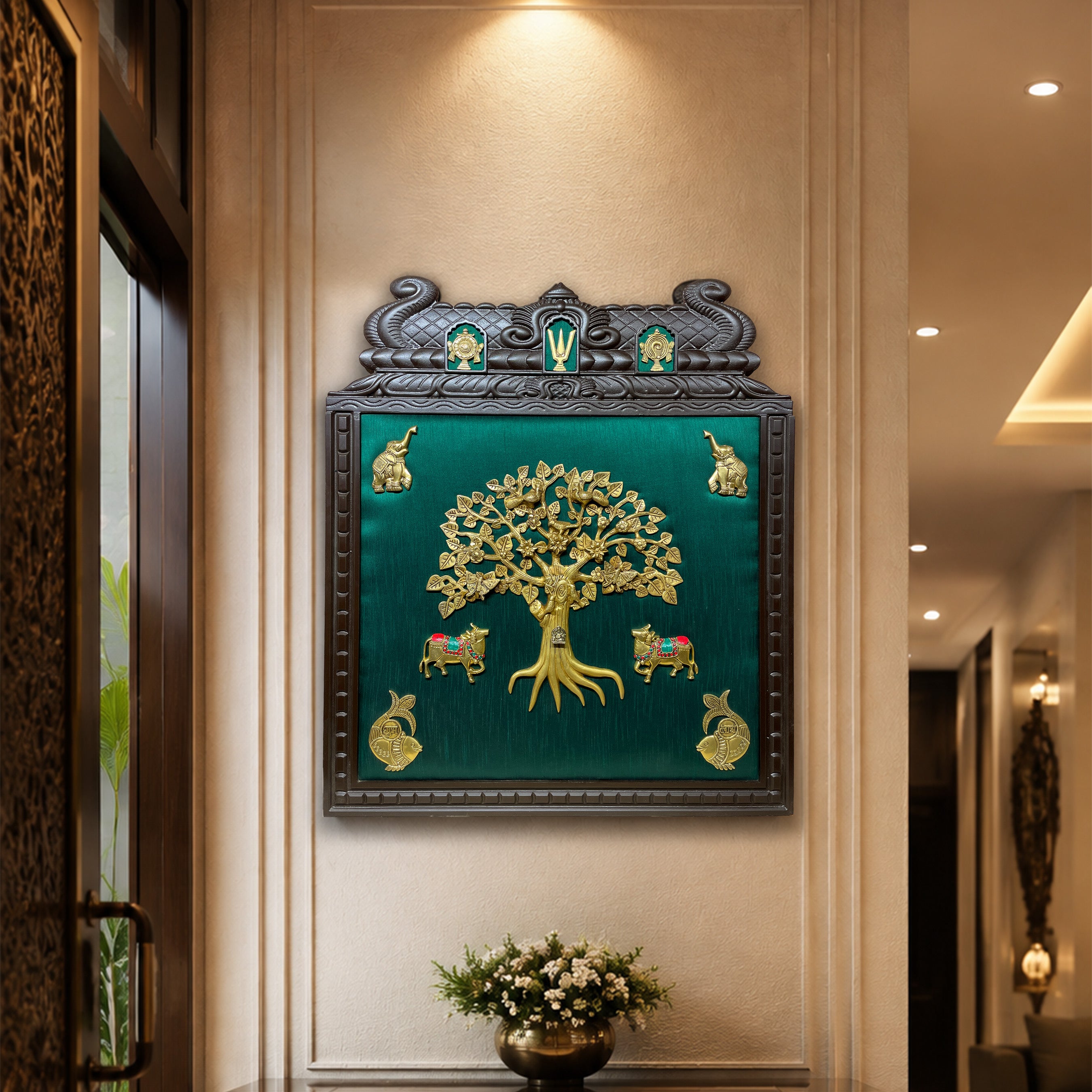 Brass Kalpavriksha Wall Art with Kamadhenu, Elephants, Shubh Labh & Vaishnava Symbols | Green Silk Backdrop | Engineered Wooden Frame | Luxury Vastu Wall Decor by ESTUDIO