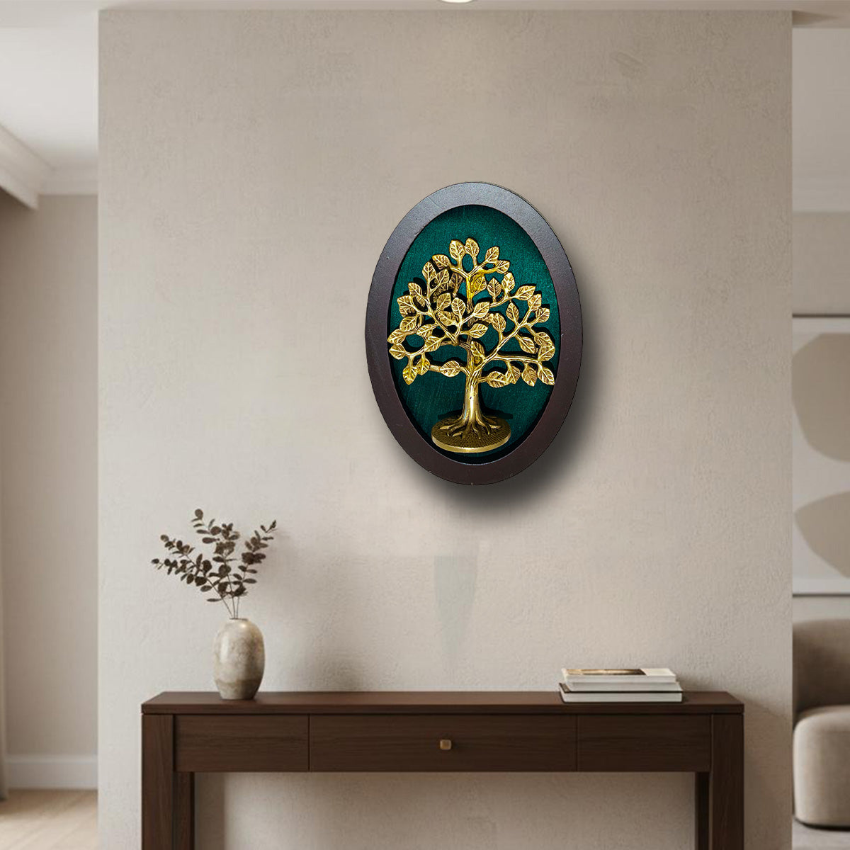 Kalpavriksha Brass Tree Wall Art with Rama Green Silk Backdrop | Premium Wooden Frame | Luxury Vastu & Home Décor by ESTUDIO