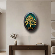 Kalpavriksha Brass Tree Wall Art with Rama Green Silk Backdrop | Premium Wooden Frame | Luxury Vastu & Home Décor by ESTUDIO