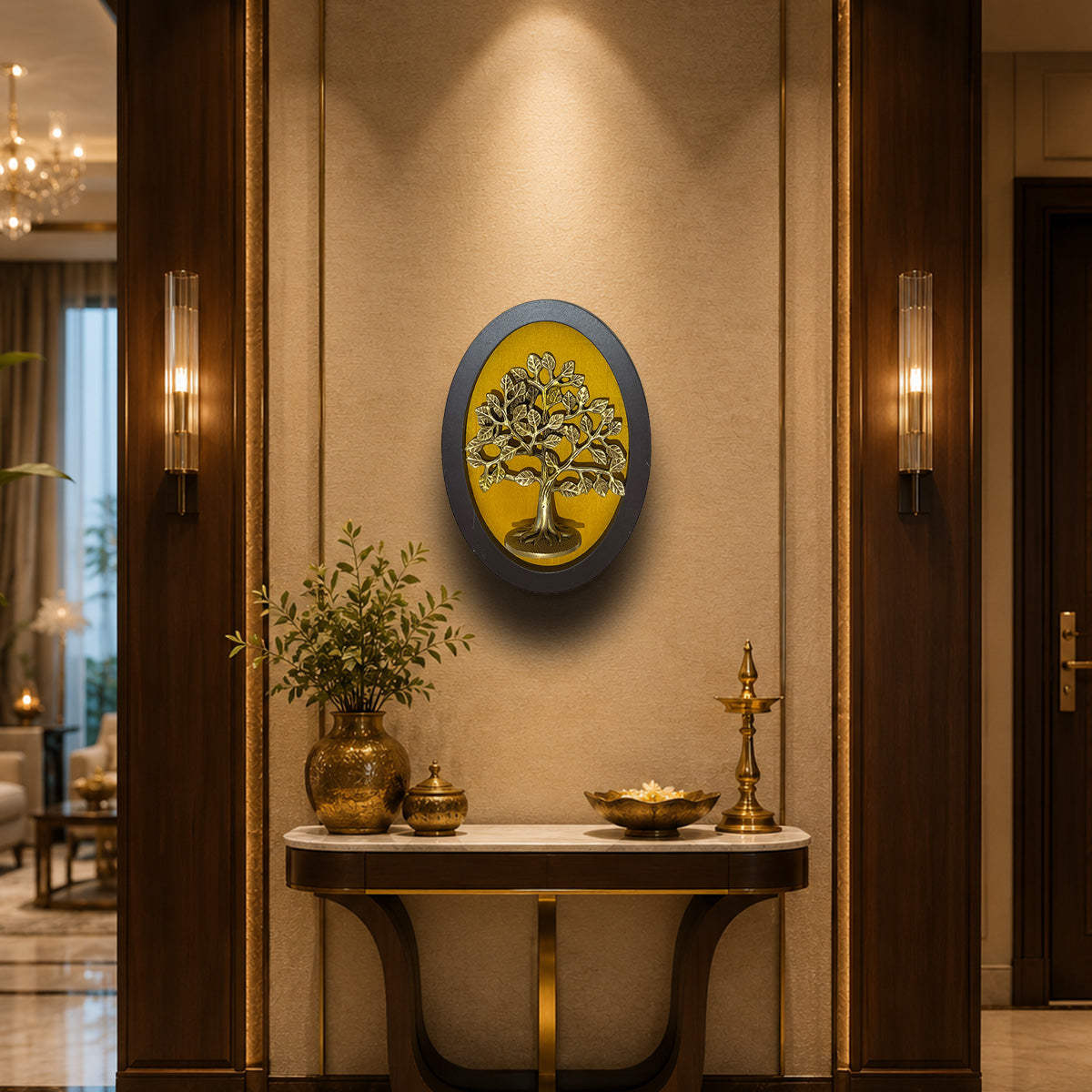 Brass Kalpavriksha Tree Wall Art with Golden Silk Backdrop | Luxury Vastu & Prosperity Decor | Premium Wooden Frame by ESTUDIO