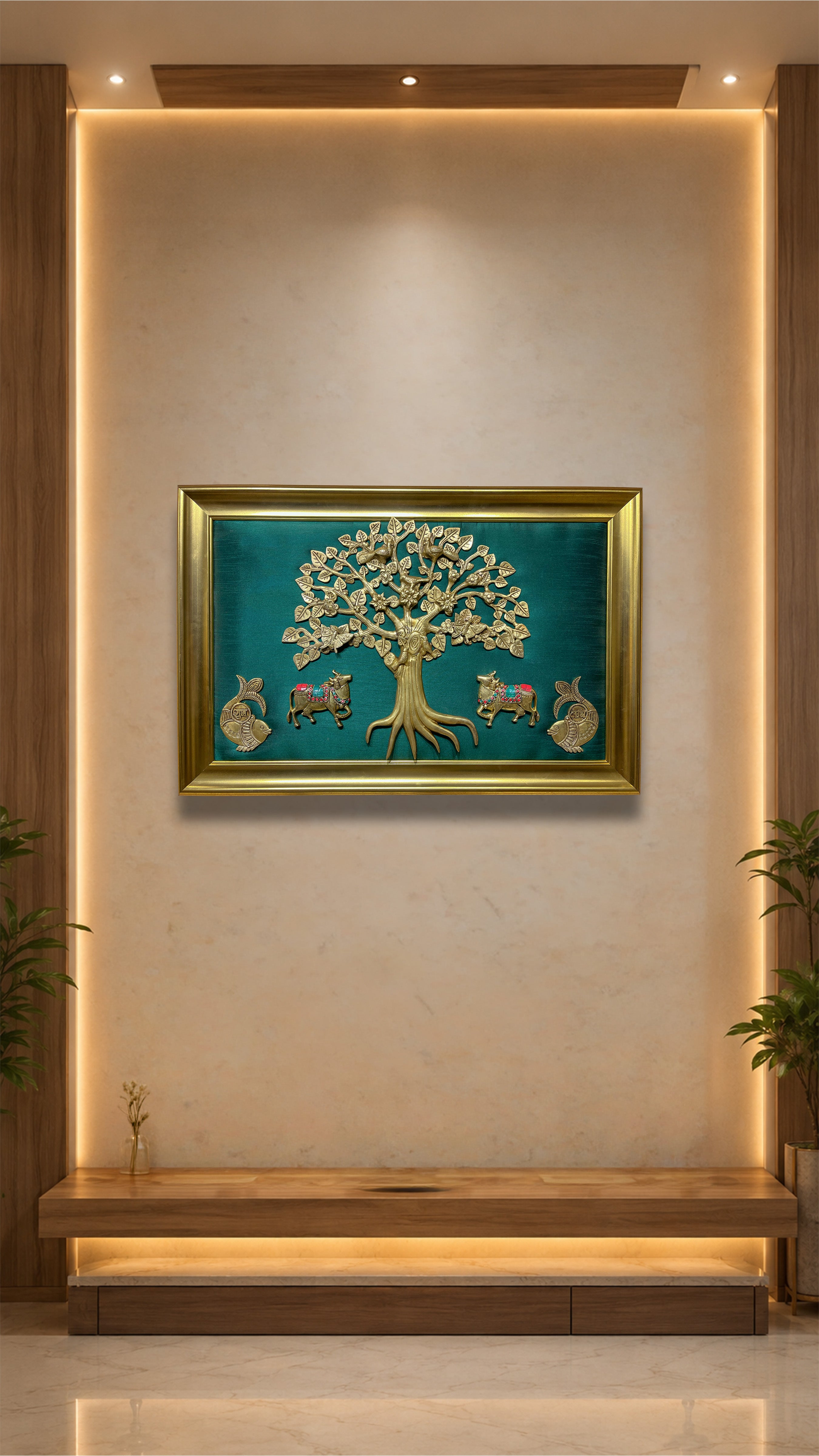Brass Kalpavriksha Tree with 2 Cows & Shubh Labh Wall Art | Rama Green Silk | Moulded Gold Colour Frame | Premium Vastu Home Décor