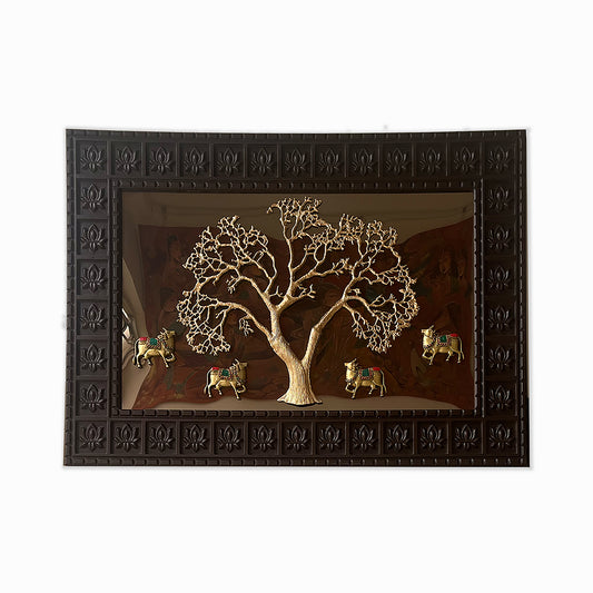Kalpavriksha Tree with 4 Brass Kamadhenu Cows on Mirror – Spiritual Wall Art in Ornate Frame