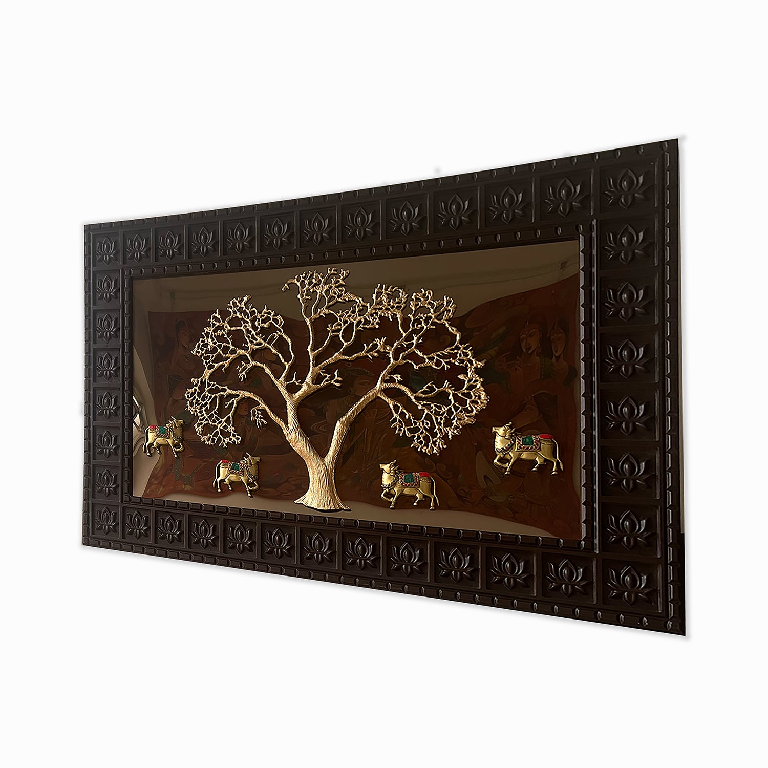 Kalpavriksha Tree with 4 Brass Kamadhenu Cows on Mirror – Spiritual Wall Art in Ornate Frame