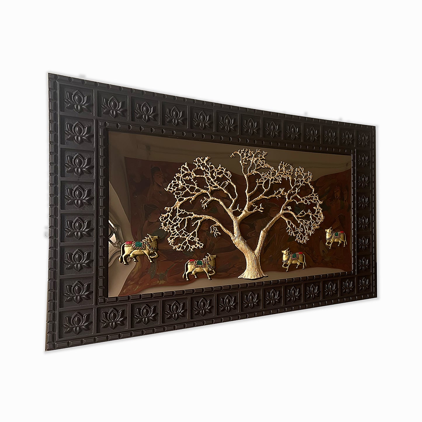 Kalpavriksha Tree with 4 Brass Kamadhenu Cows on Mirror – Spiritual Wall Art in Ornate Frame