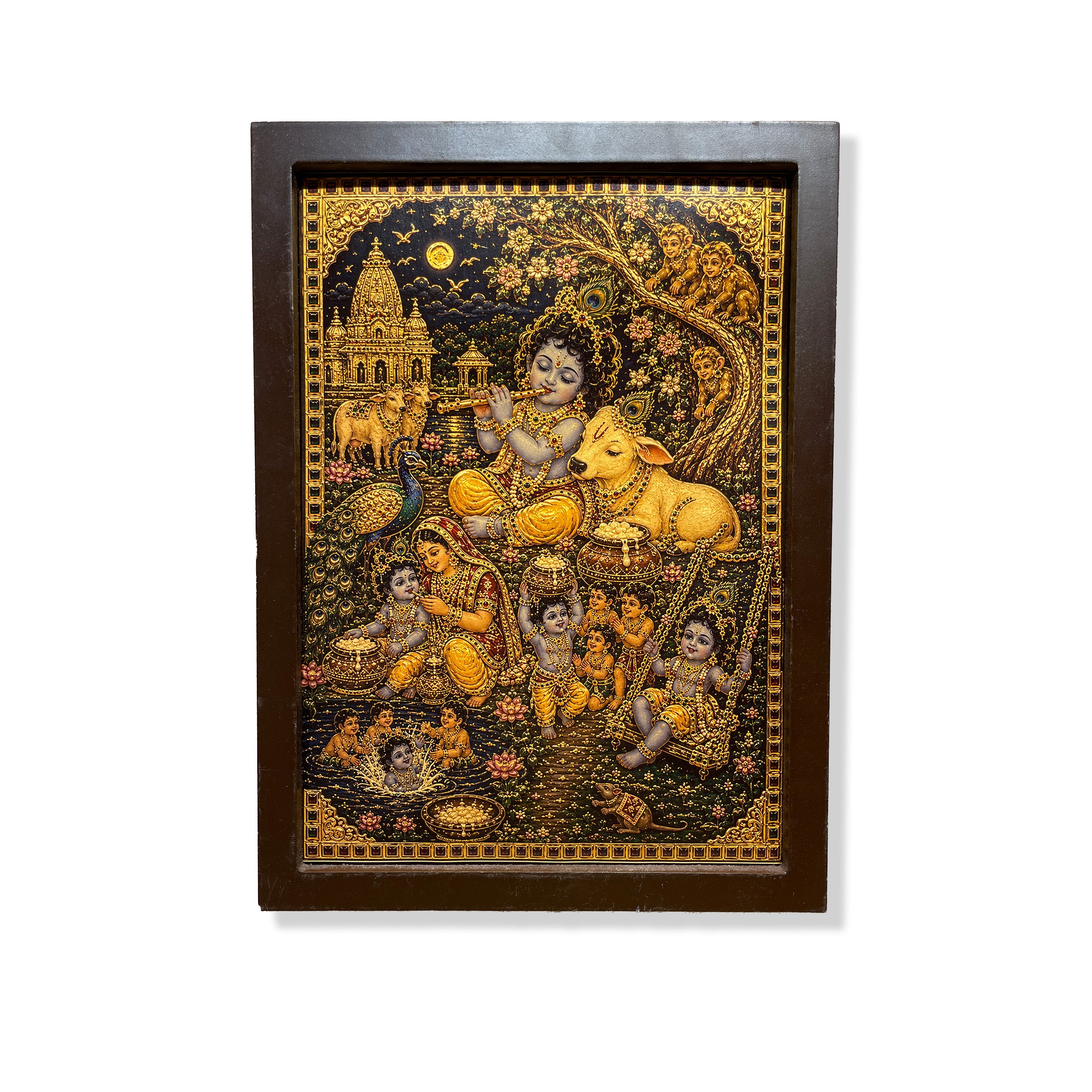 Baby Krishna with Cow – Gold Leaf Art Work | Engineered Wooden Thin Frame