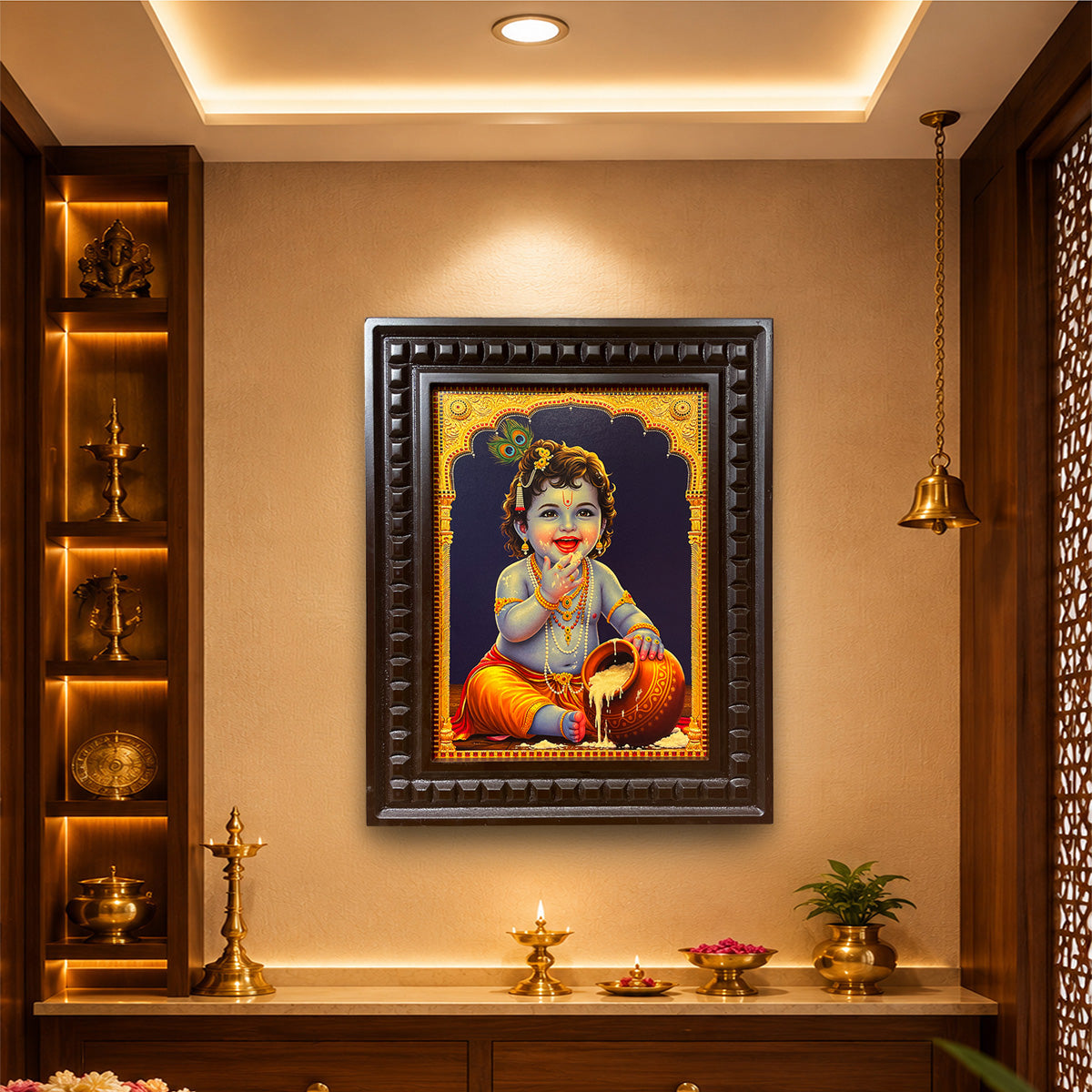Baby Krishna Wall Art Frame | Premium Wooden Krishna Decor