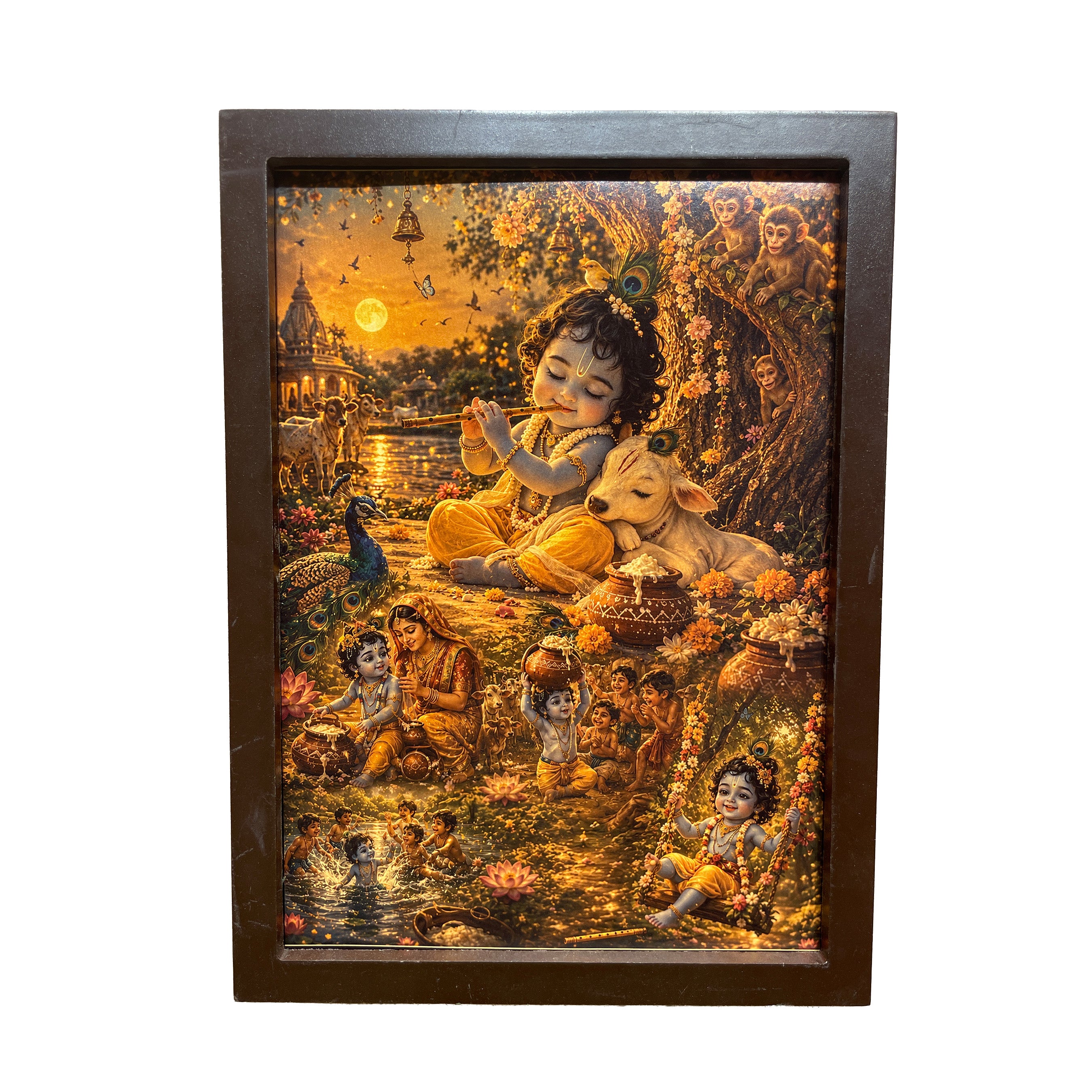 Baby Krishna Gold Leaf Art | Bal Krishna Flute Painting with Wooden Frame