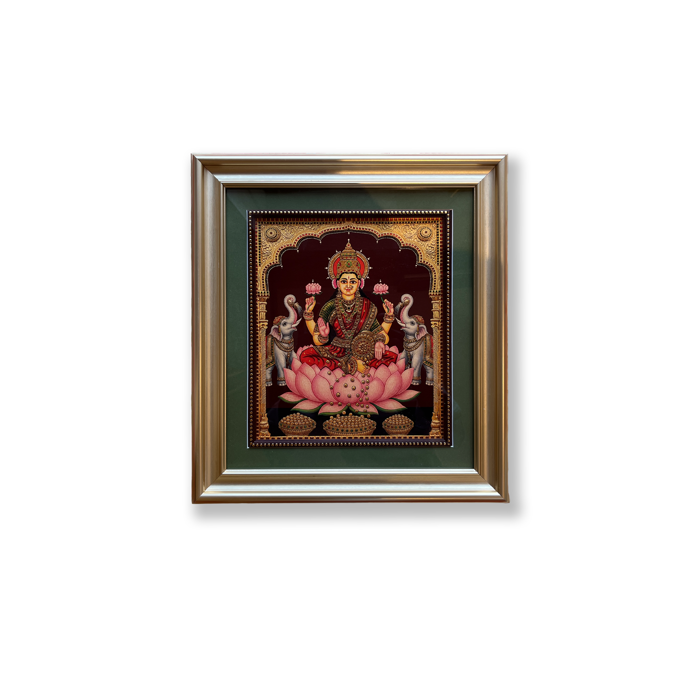 Goddess Lakshmi Gold Leaf Artwork | Luxury Gold Resin Frame with Green Mount & Inner Beading