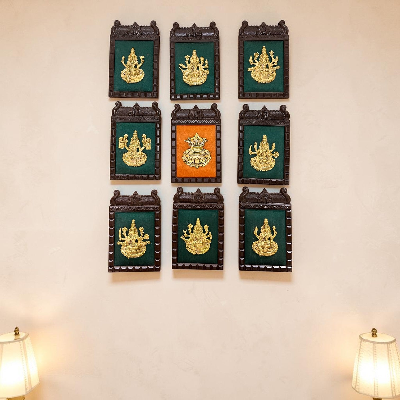 Ashta Lakshmi Wall Art Set with Central Kalash for Pooja Room | Premium Divine 9-Frame Wooden Panel Set