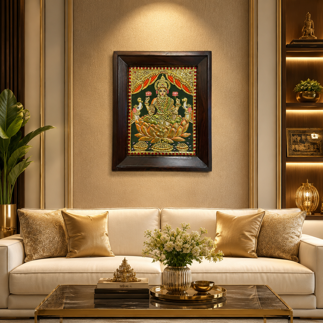Goddess Lakshmi Tanjore Painting | Rosewood Frame Luxury Living Room Wall Art