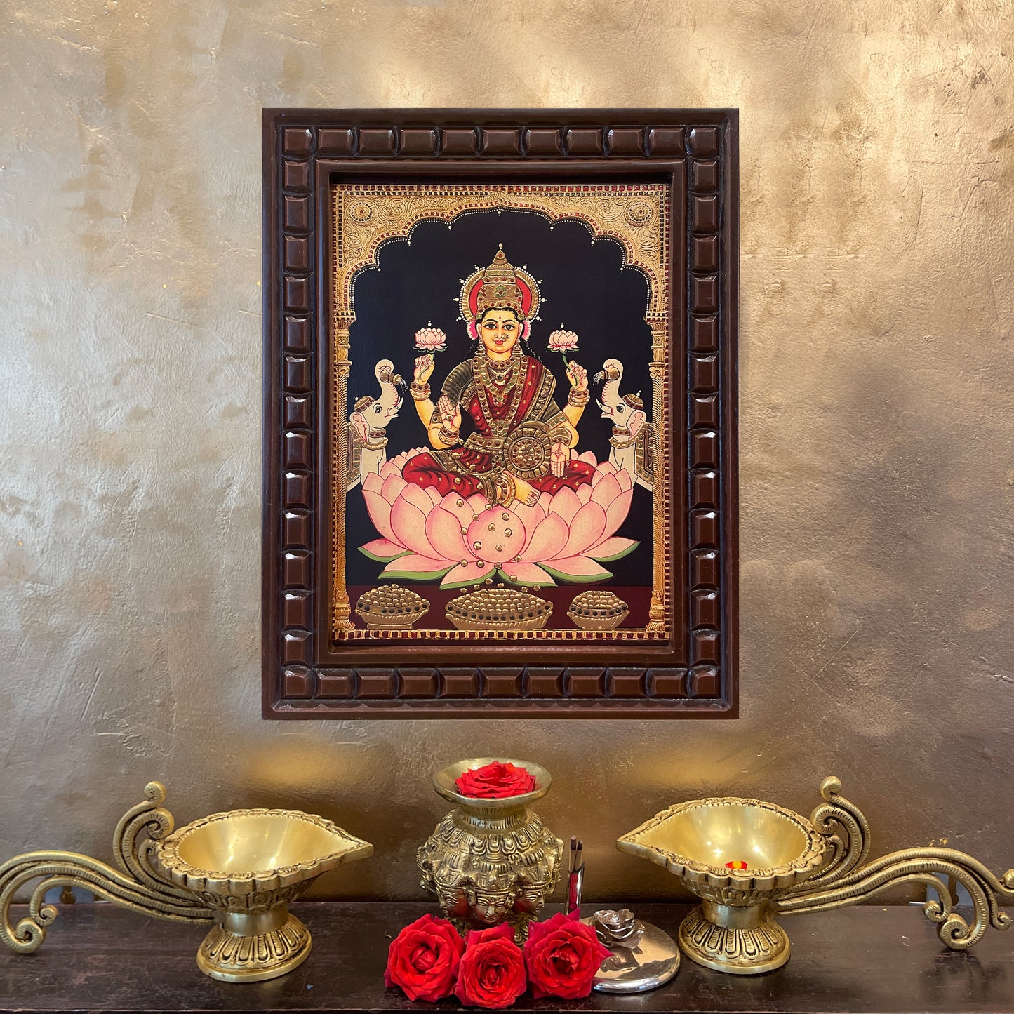 Goddess Lakshmi Gold Leaf Art in Wooden Frame