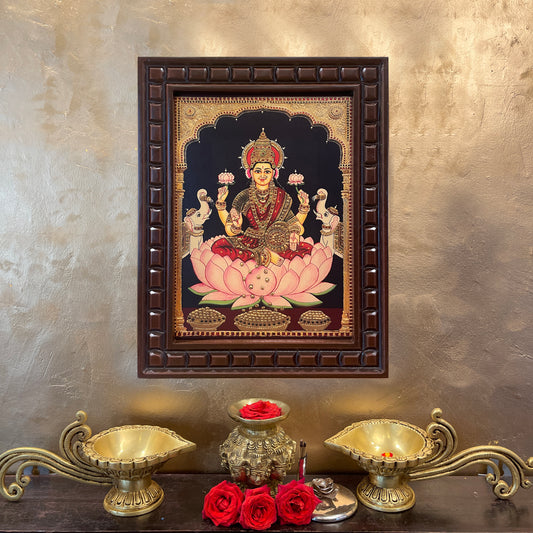 Goddess Lakshmi Gold Leaf Art in Wooden Frame