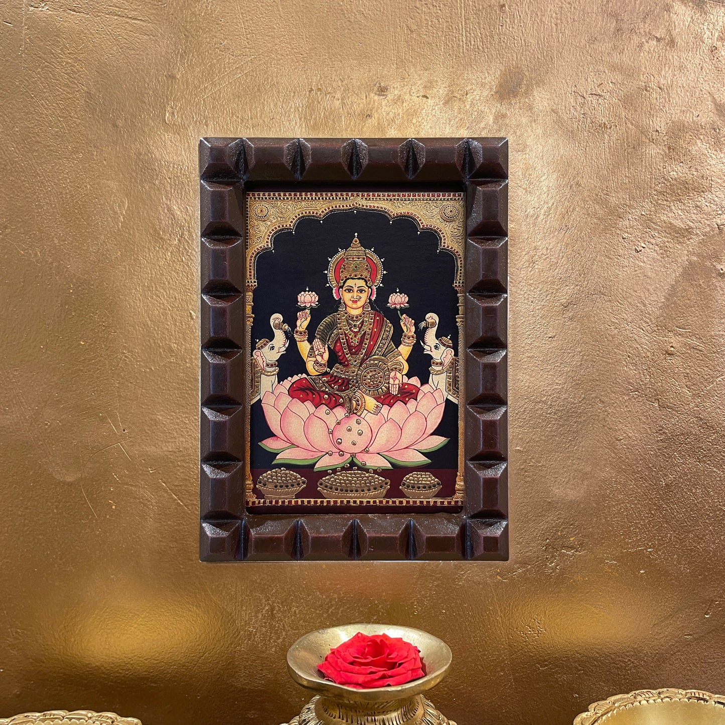 Goddess Lakshmi Gold Leaf Art in Wooden Frame