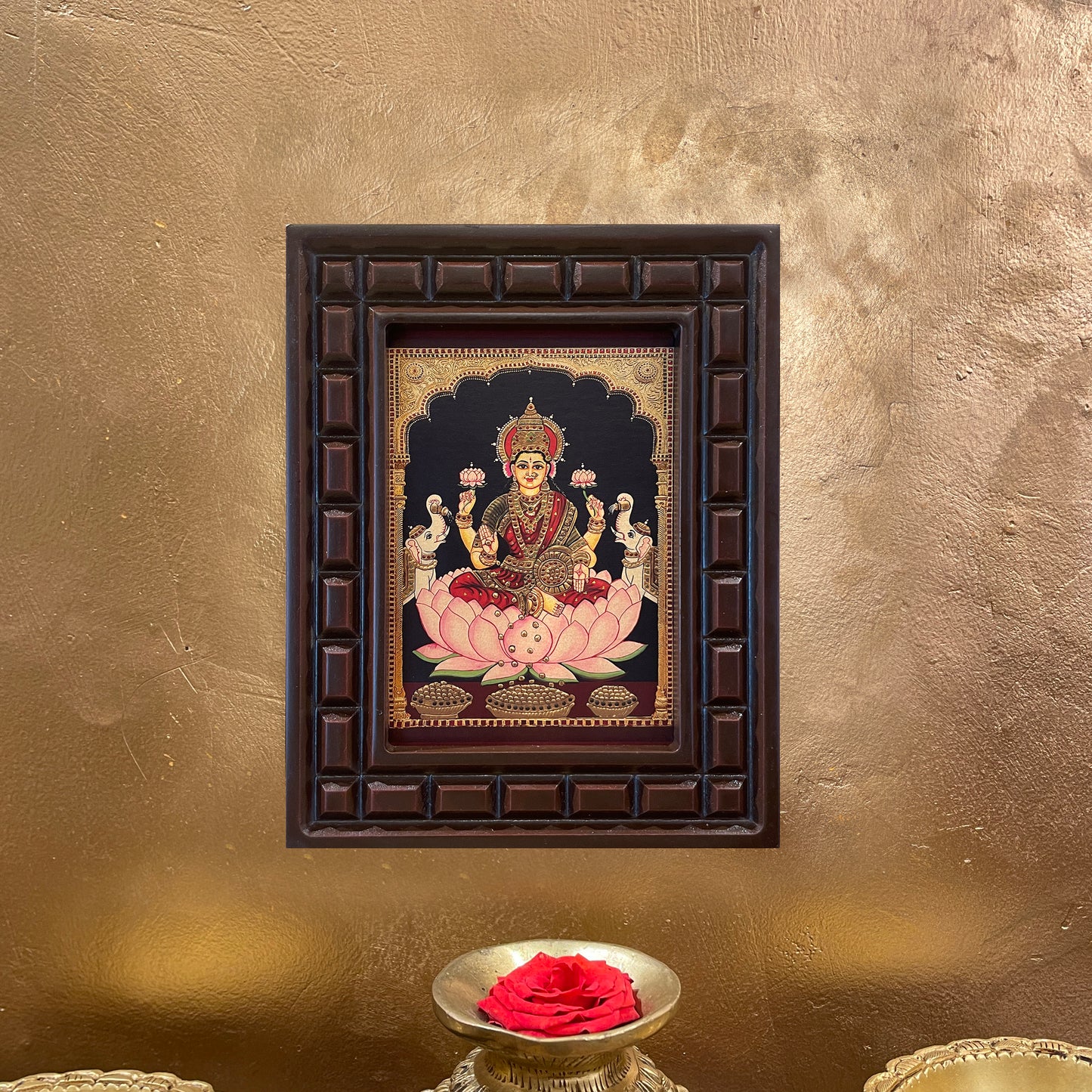 Goddess Lakshmi Gold Leaf Art in Wooden Frame