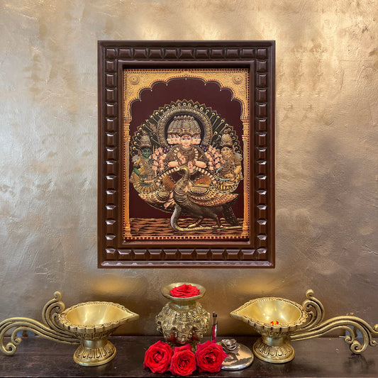 Gold Leafed Murugan with Valli and Devyani