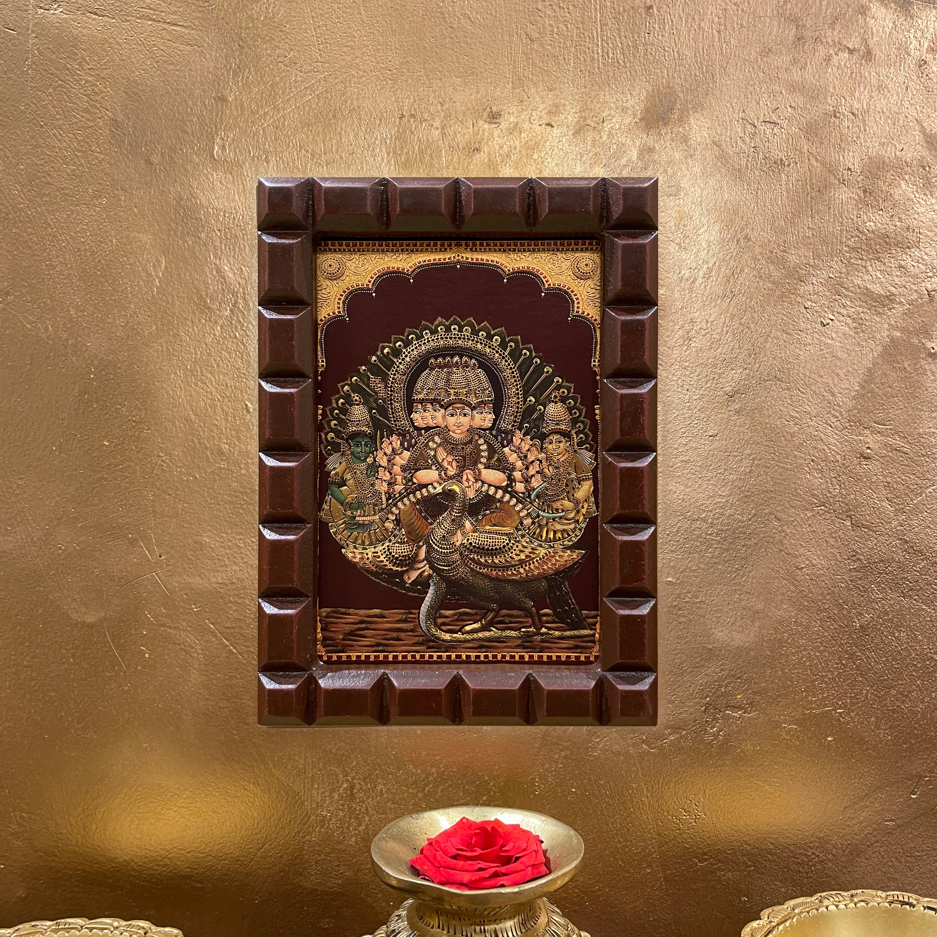 Gold Leafed Murugan with Valli and Devyani