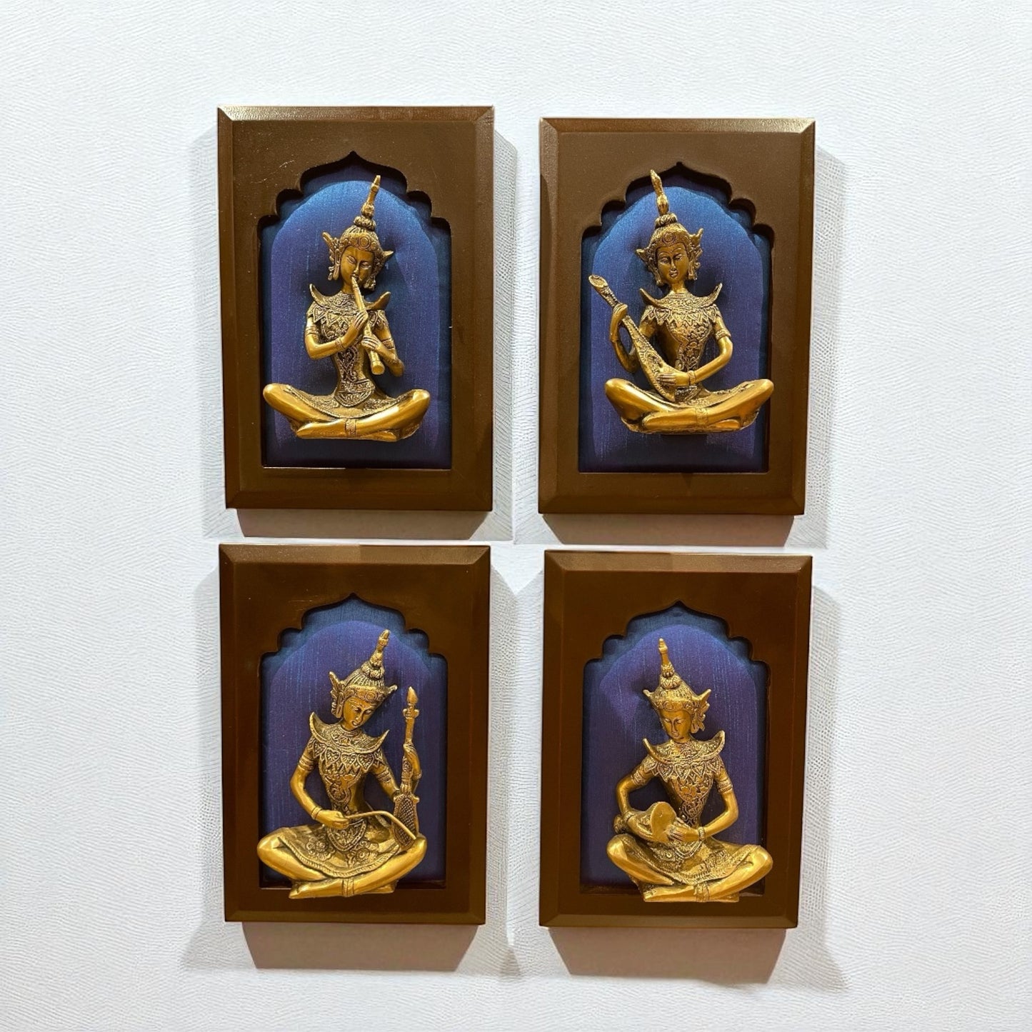 Brass Musician on Blue Silk in Wooden Frame