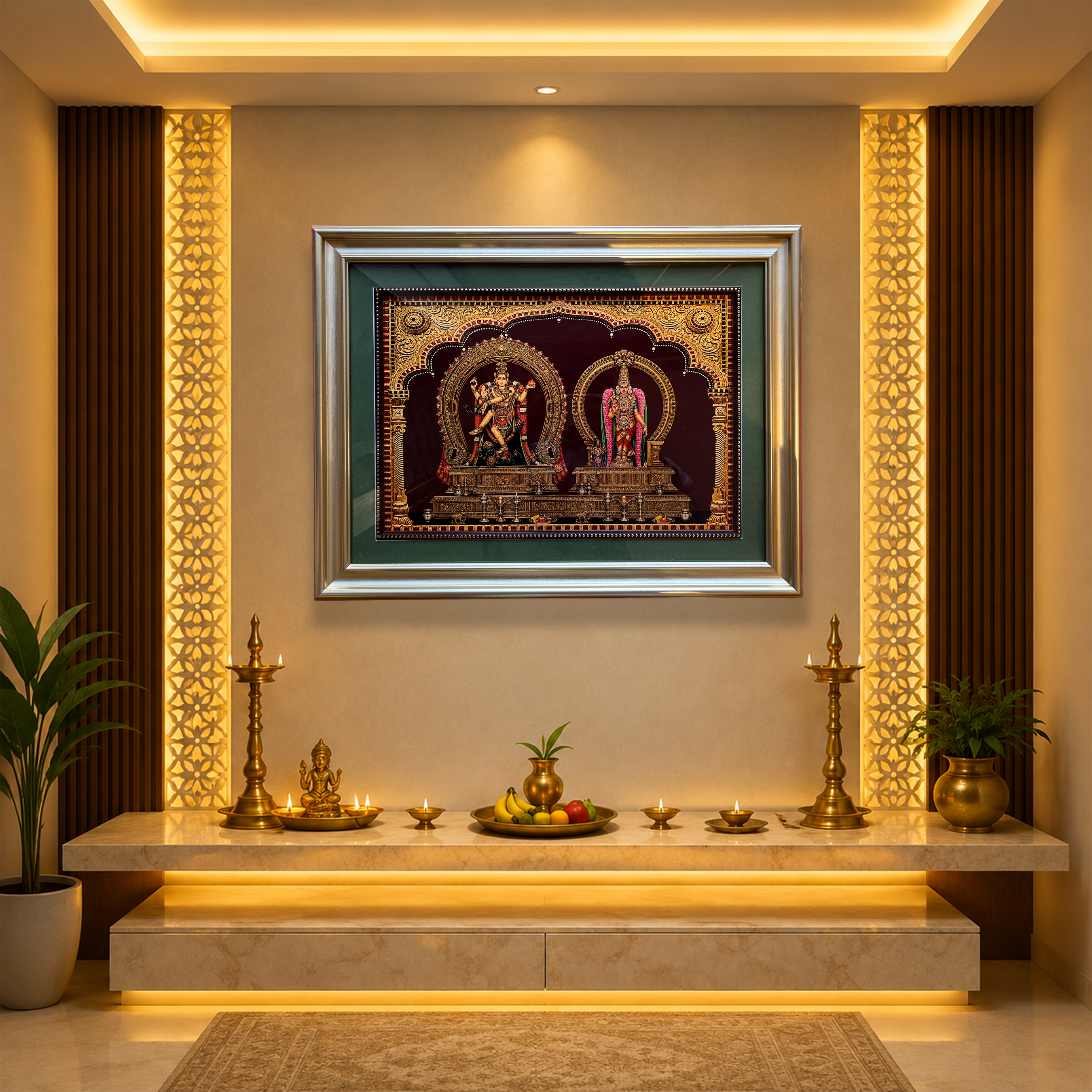 Nataraja with Shivagami Gold Leaf Artwork | Luxury Gold Resin Frame with Green Mount & Inner Beading