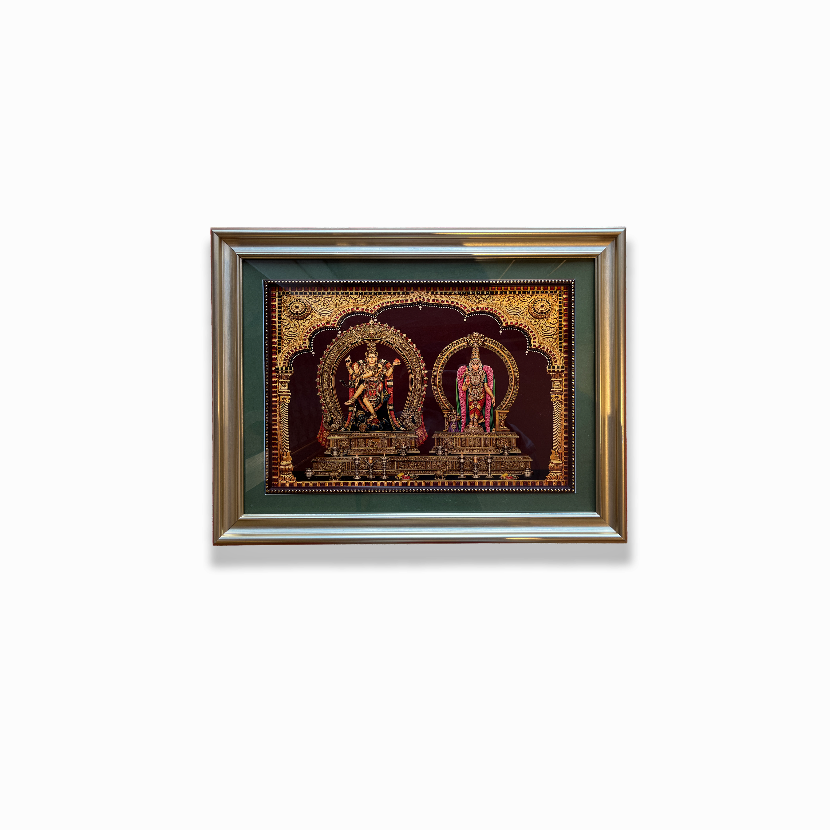 Nataraja with Shivagami Gold Leaf Artwork | Luxury Gold Resin Frame with Green Mount & Inner Beading