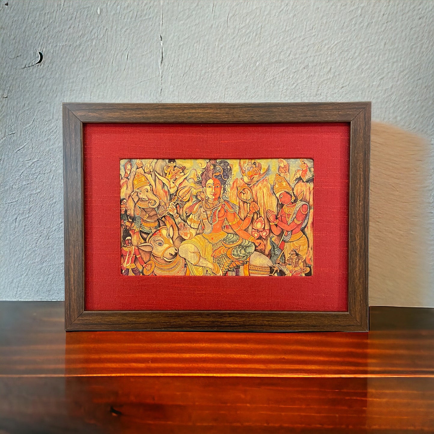 Harmony Within: The Ardhanarishvara Revelation in Red Silk with Brown Frame