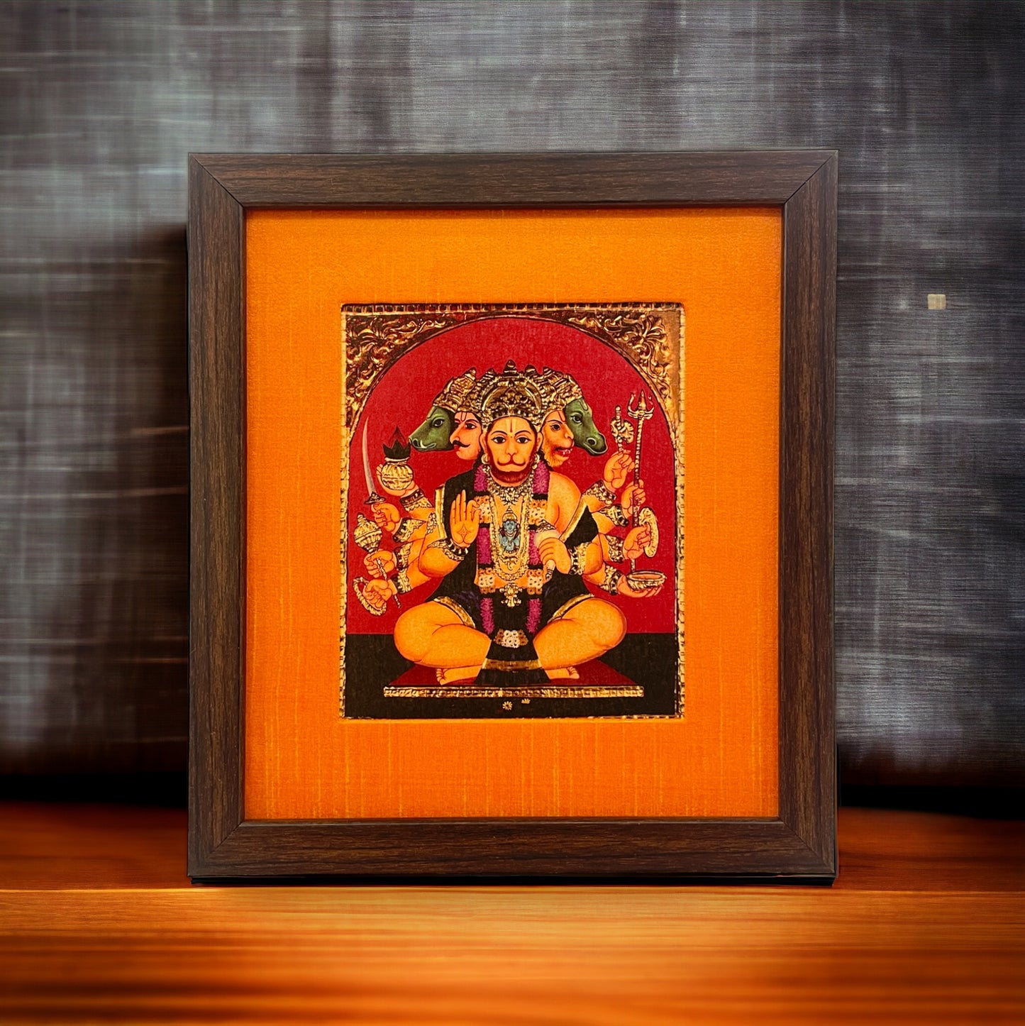 Transcendent Majesty of God Panchamooki Hanuman With Brown Frame