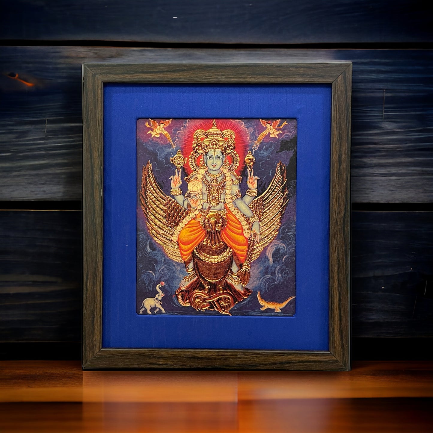 Sacred Serenity: Mahavishnu With Garuda Bhagavan With Blue Silk With Brown Frame