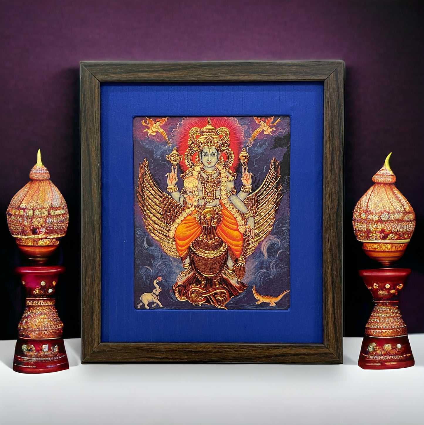 Sacred Serenity: Mahavishnu With Garuda Bhagavan With Blue Silk With Brown Frame